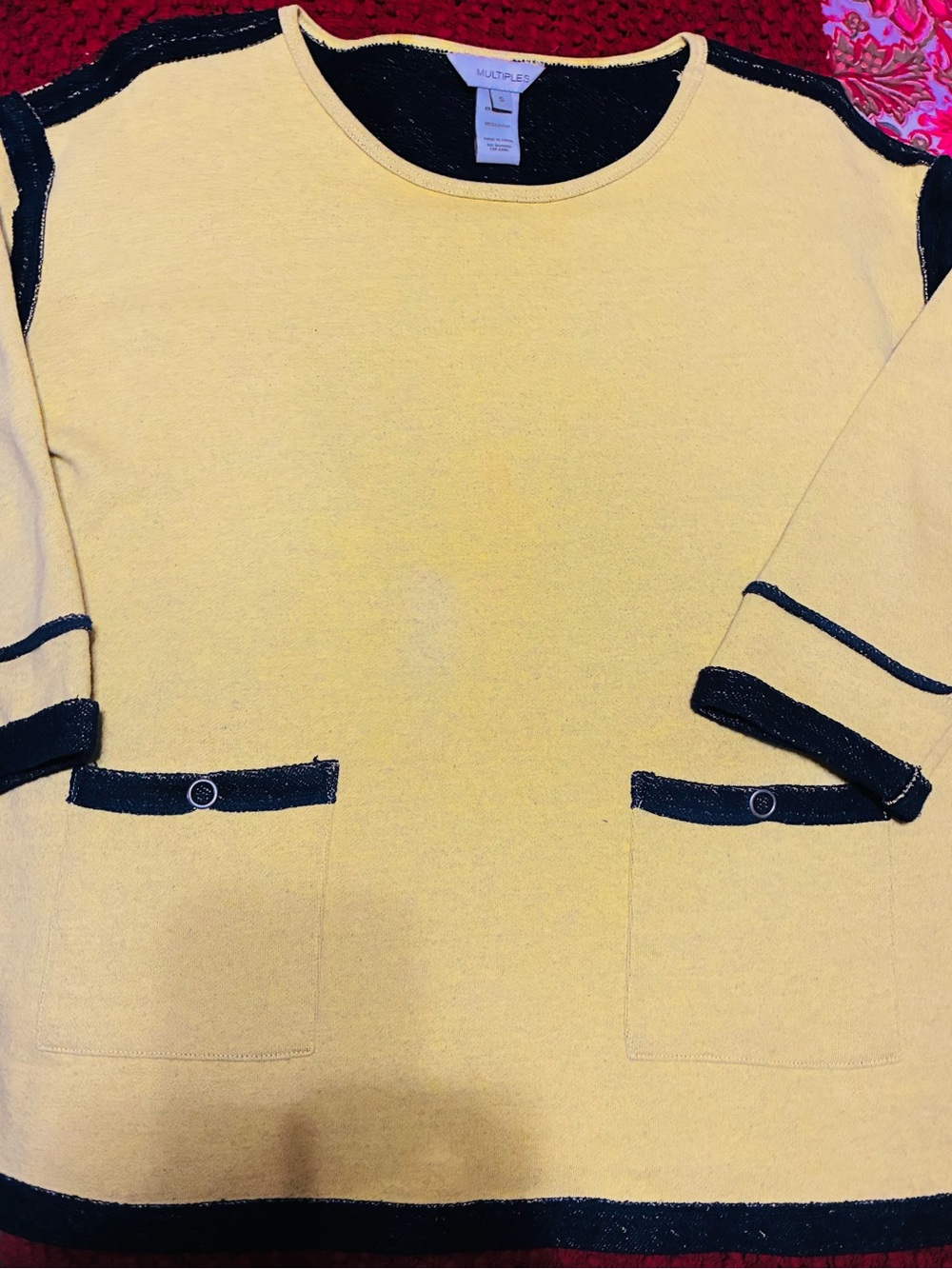 Multiples bright Yellow Knit Crewneck Sweater with black Trim